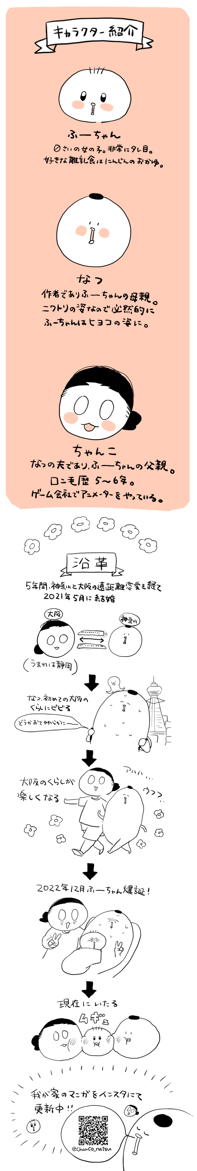 キャラクター紹介
娘：ふーちゃん
私：なつ
夫：ちゃんこ

５年の遠距離恋愛を経て大阪で結婚。その後娘が生まれ、インスタグラムにて育児エッセイを始める。