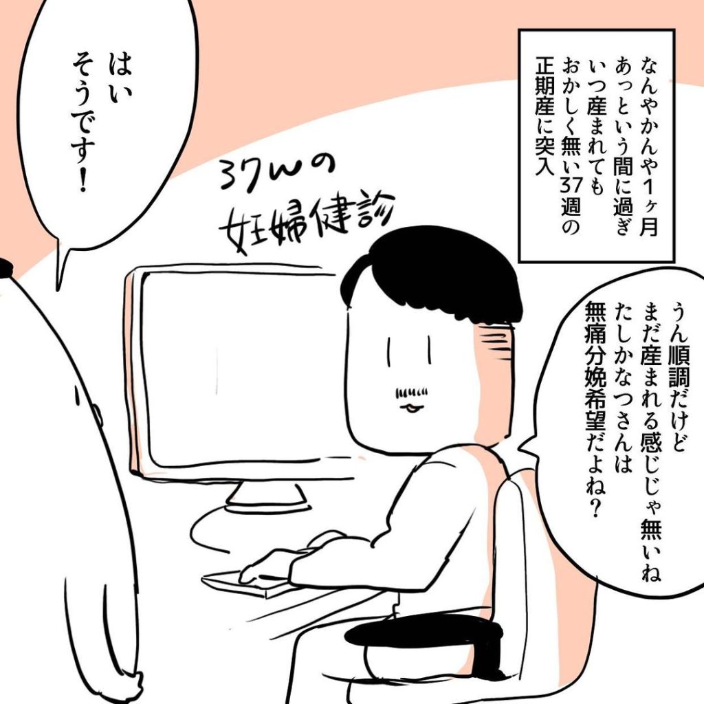 なんやかんや実家暮らしも1ヶ月があっという間に過ぎ、いつも産まれてもおかしくない正期産に突入。産婦人科の先生からは「順調だけどまだ生まれる感じじゃないね。なつさんは無痛分娩希望だよね？」との確認。